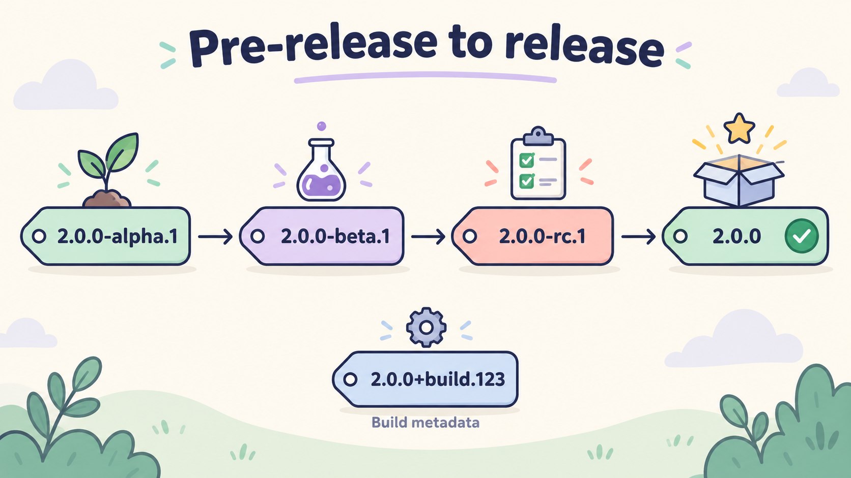 从 alpha、beta、rc 到正式版本的顺序,以及独立展示的构建元数据