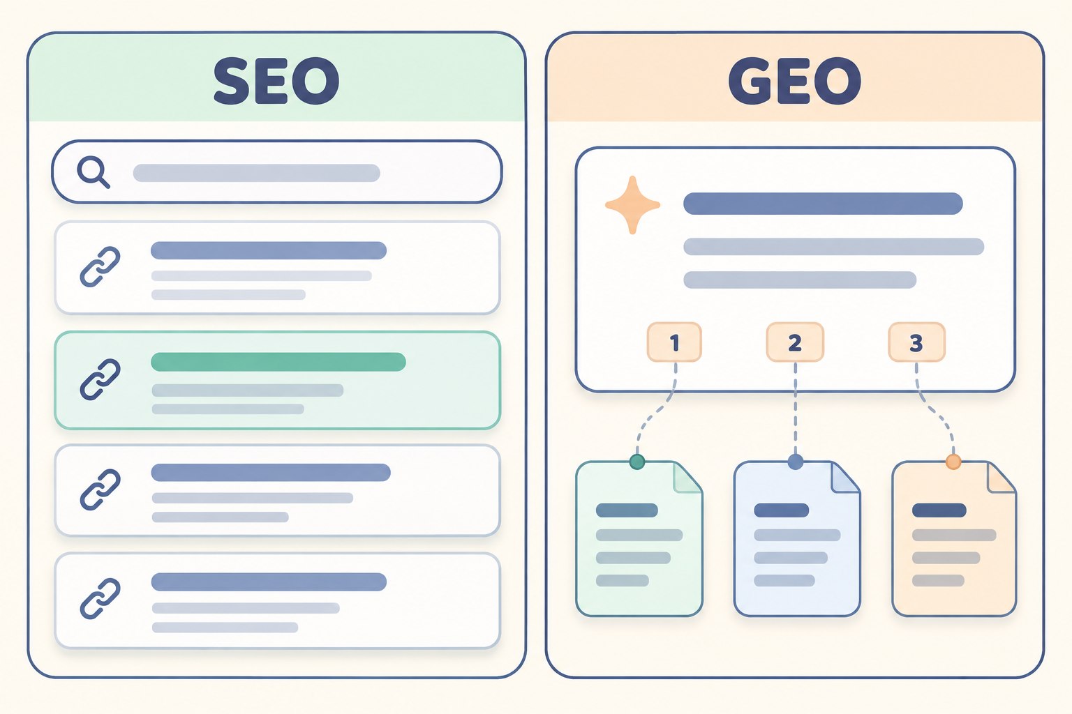SEO 的搜索结果列表与 GEO 的答案引用来源对比
